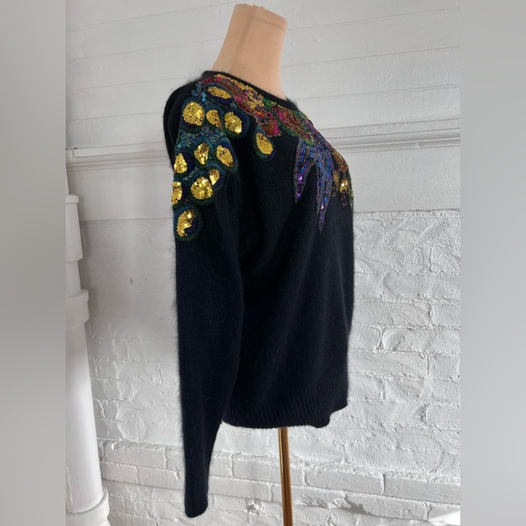 I.B. Diffusion Floral Sequined Silk Angora Sweater Black Fuzzy Vintage 90’s - Picture 4 of 15